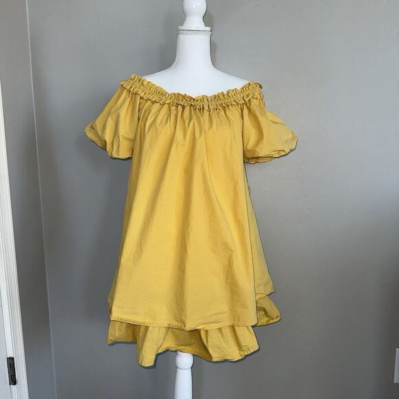 A'Reve Dresses & Skirts - Anthropologie A’Reve Woman’s Off Shoulder Puff Sleeve Dress Sz L Yellow Boho